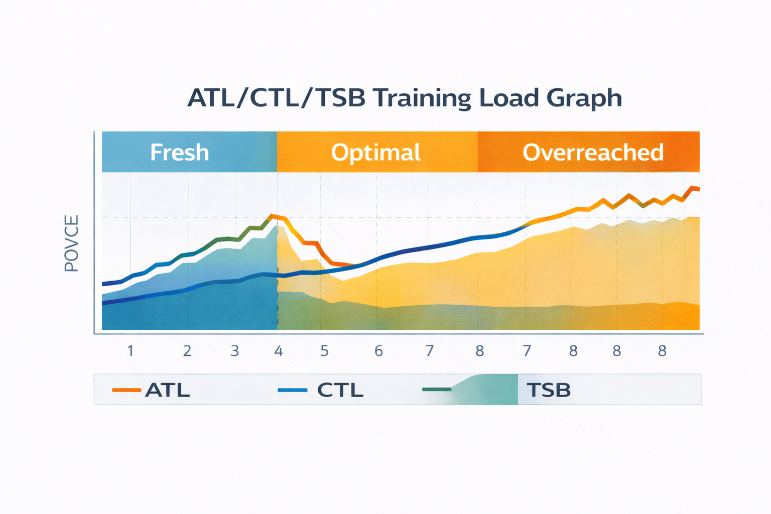 Three-line graph showing ATL (acute training load), CTL (chronic training load), and TSB (training stress balance) over an 8-week training period